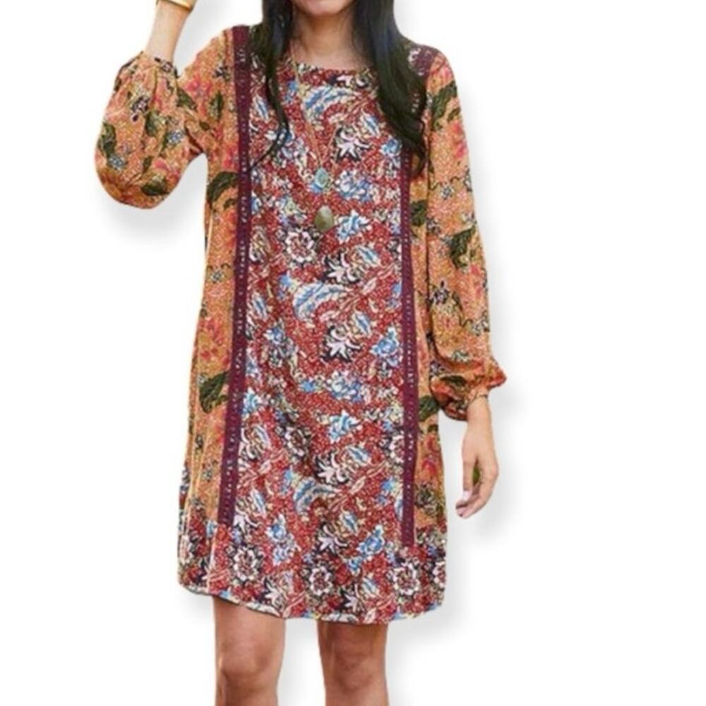 MATILDA JANE Lovely Menagerie Dress Orange Burgundy Boho Floral Shift - Sz Small